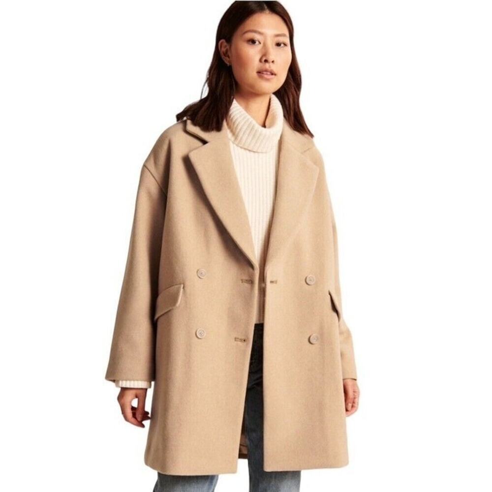 Abercrombie & Fitch Wool blend oversized boxy light brown tan coat sz Medium